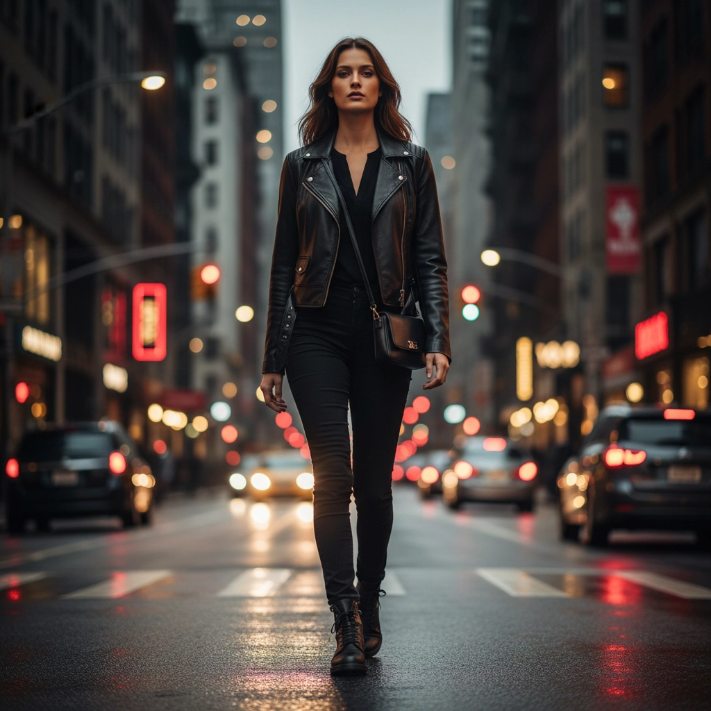 A picture of a confident woman in a leather jacket at twilight walking down the middle of a city street in traffic. 
Quick Self-Defense tips Every Urban Woman Should Know