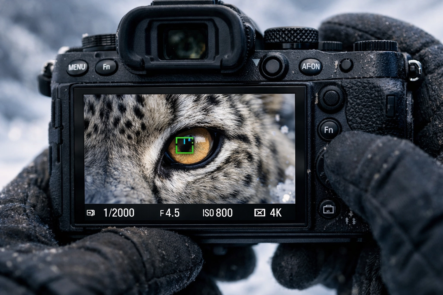 Mirrorless camera using AI autofocus to track a leopard's eye during a professional shoot.