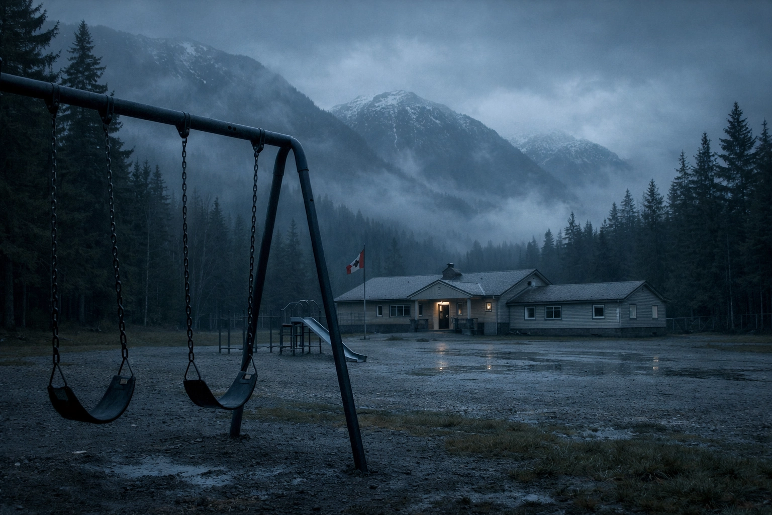 Rural school building with empty playground swings in British Columbia mountains
