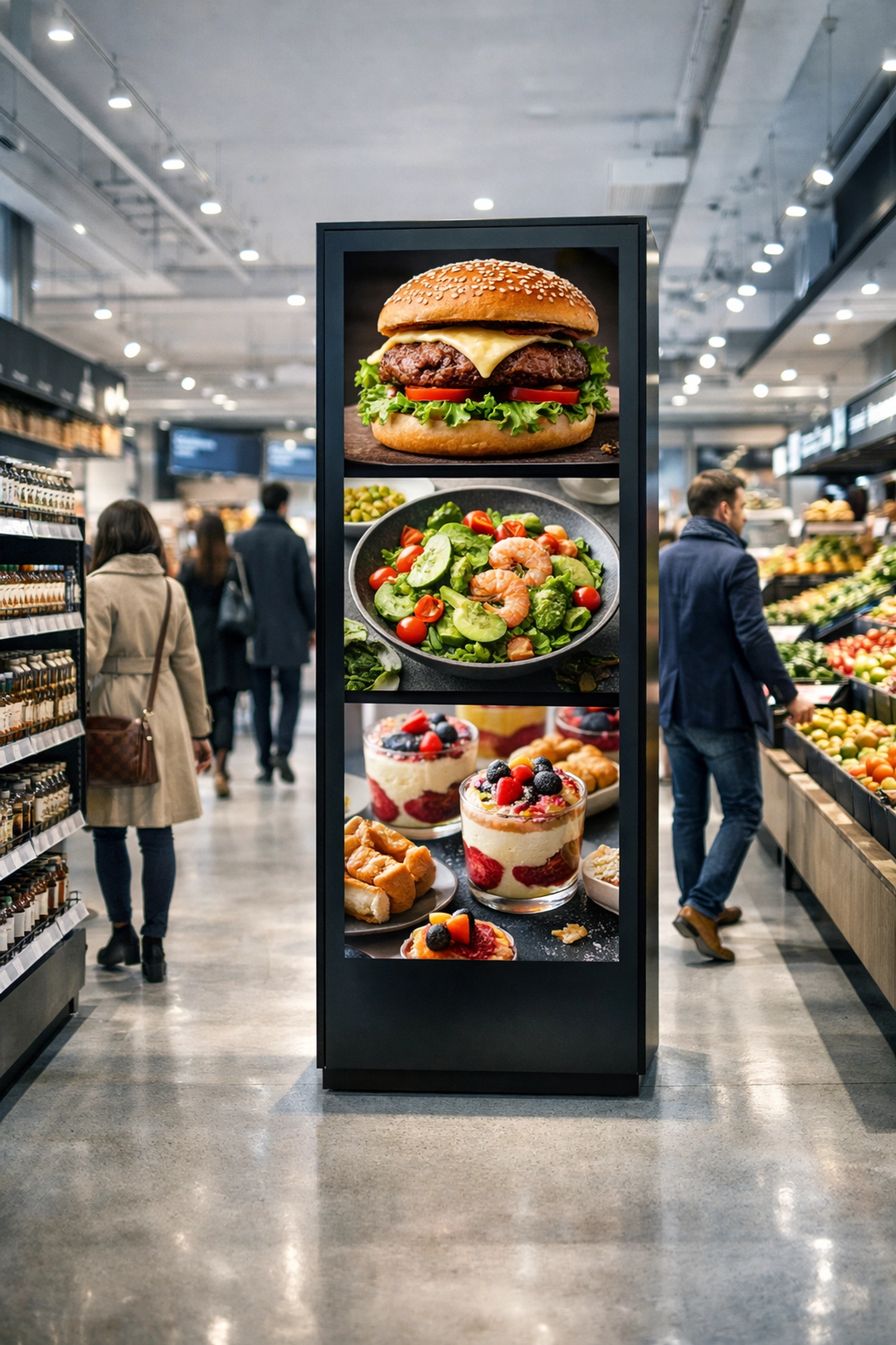 Digital out-of-home display in a modern Paris grocery store targeting shoppers in their daily routine.