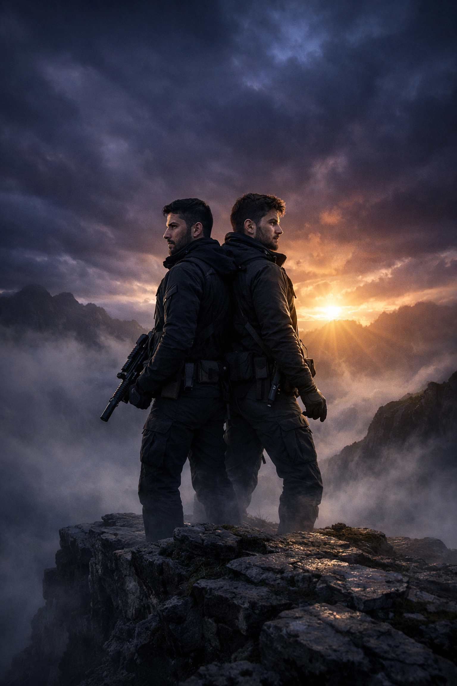 A gay couple on a misty cliffside at dawn, representing the epic scale of new gay fantasy romance releases.