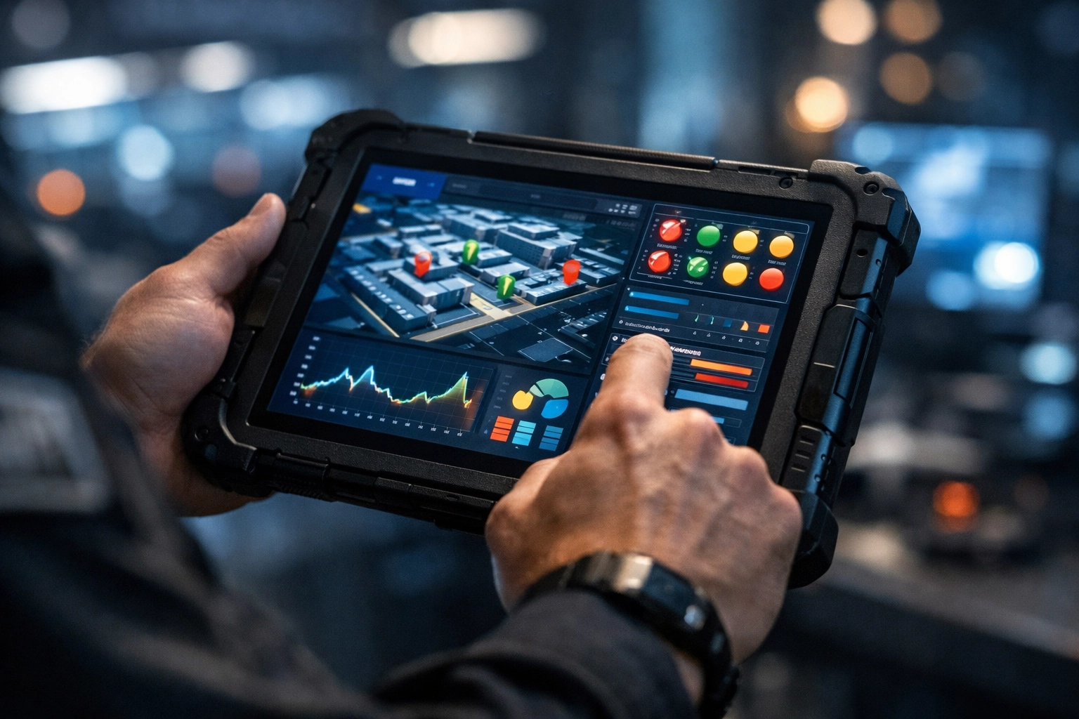 Security officer using a digital tablet for real-time site monitoring and professional reporting.