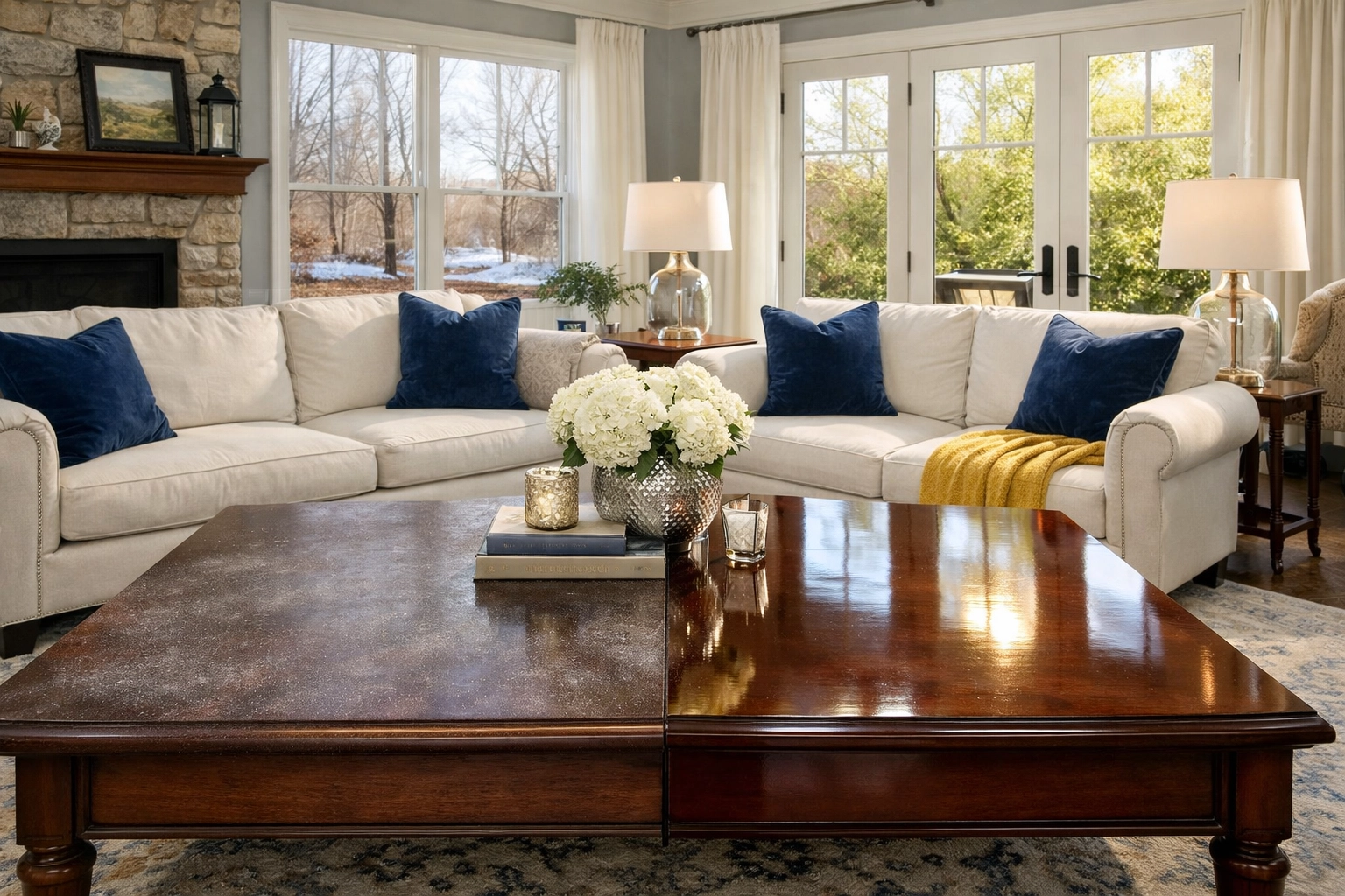 Before and after deep cleaning in a Littleton living room showing polished wood and dust removal.