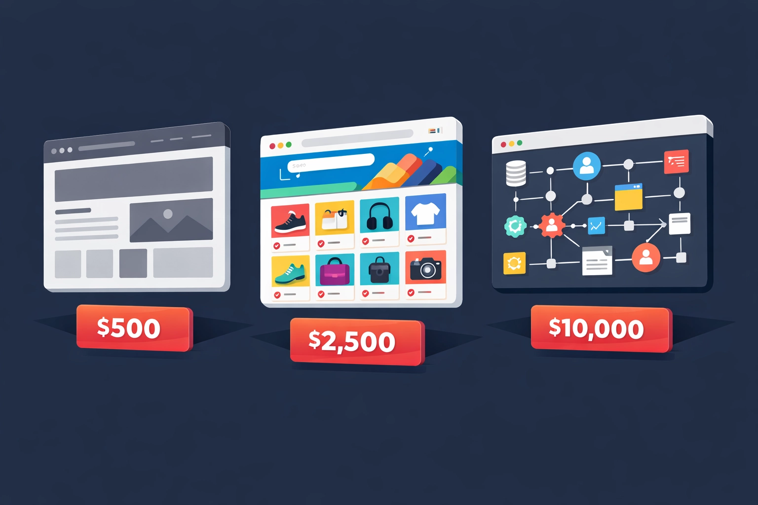 Three website types compared: brochure, e-commerce, and custom builds with Bristol pricing