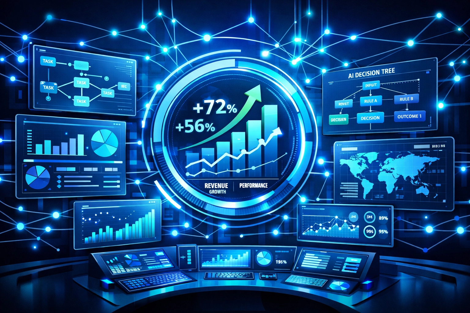 Business analytics dashboard displaying real-time metrics and automated workflow performance data