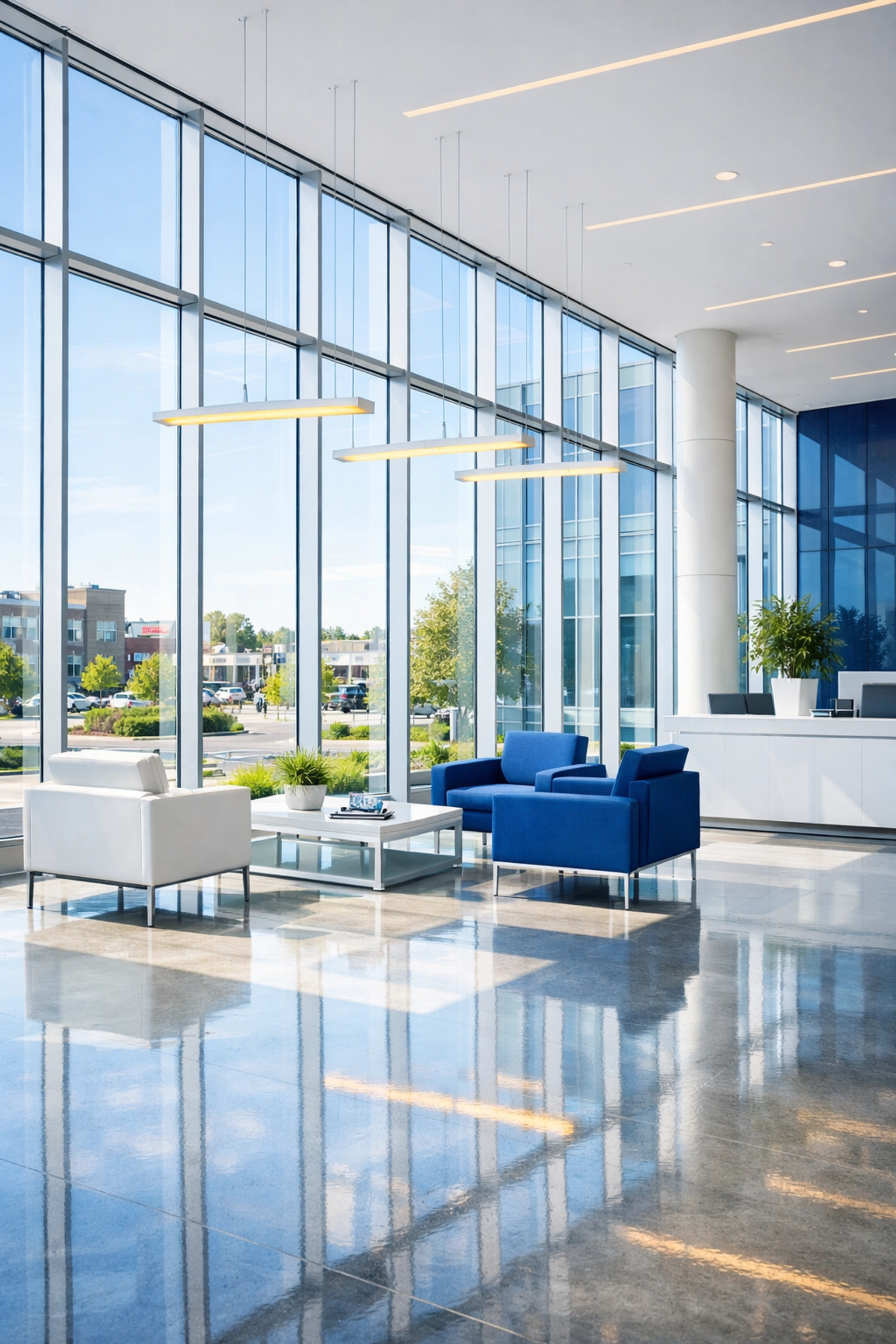 Modern, spotless corporate lobby in Marlborough showcasing high-end commercial cleaning results.