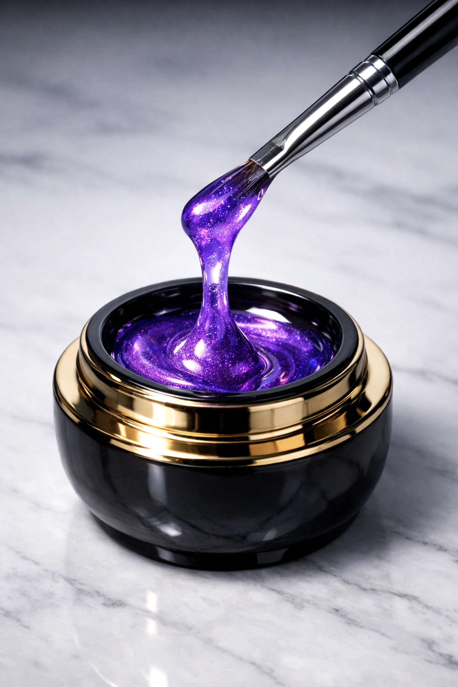 Precision application of violet Japanese gel nails from a pot for a long-lasting, luxury salon finish.