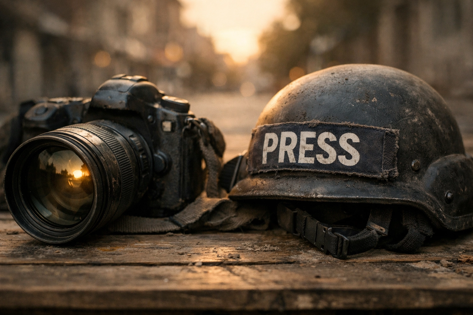 Journalist helmet and professional camera reflecting sunlight on a table, honoring reporters.