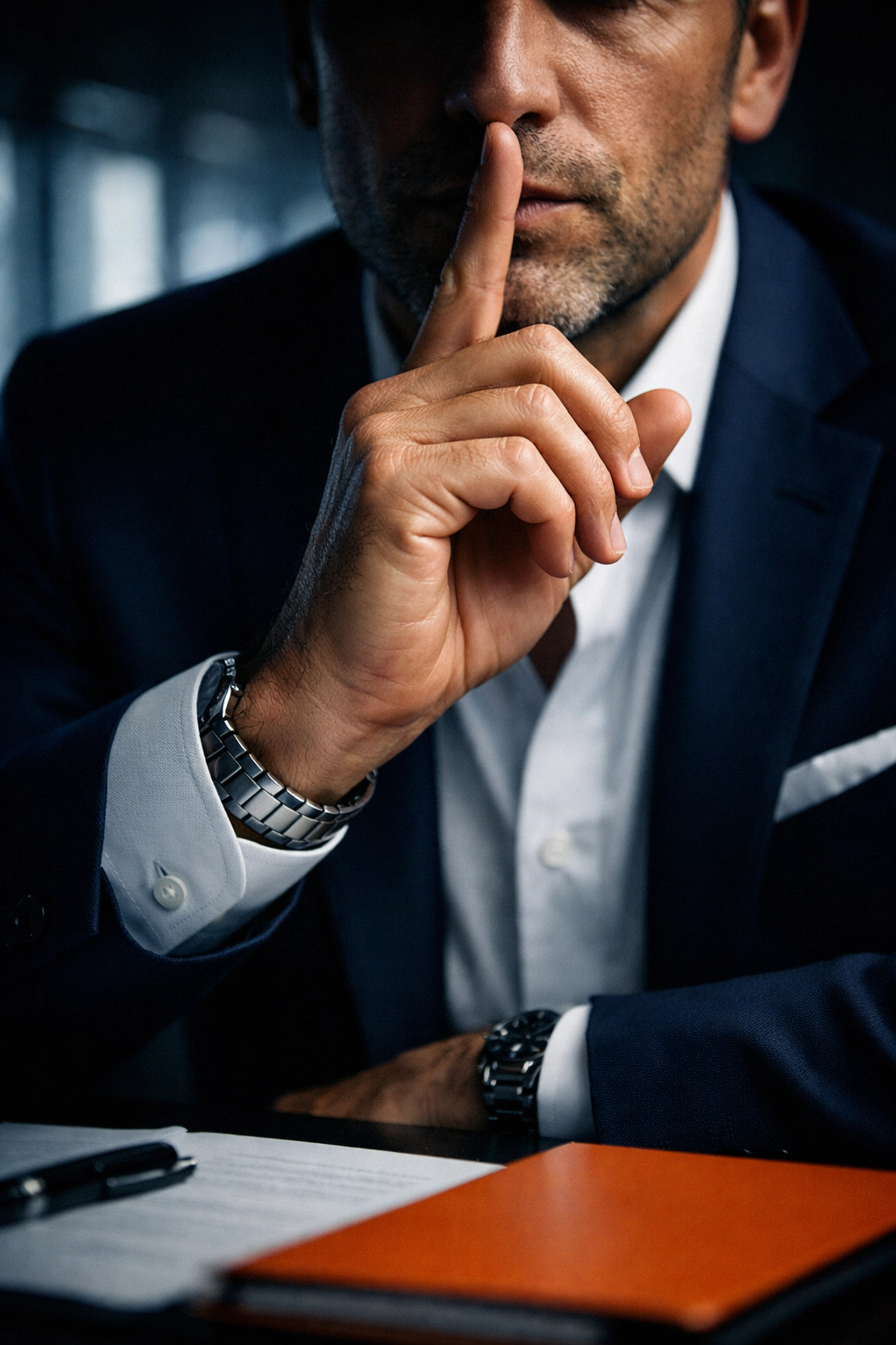 Business owner making shush gesture emphasizing confidentiality during business sale