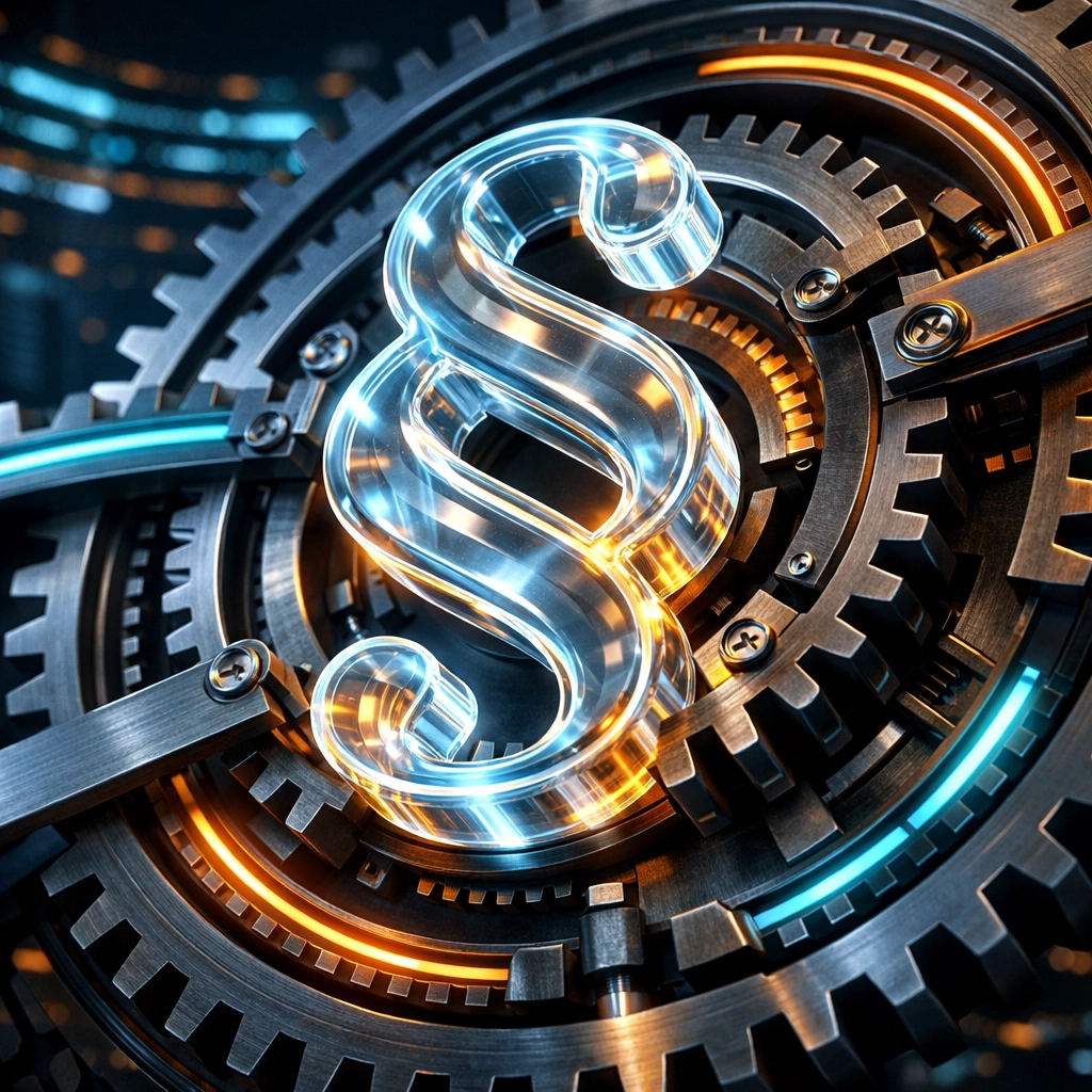 Symbol für rechtssichere KI-Nutzung: Ein Paragrafenzeichen integriert in digitale Zahnräder.