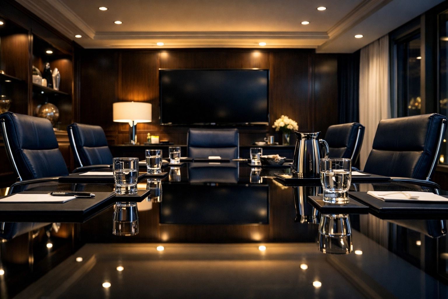 Spotless luxury boardroom in Bedford featuring a mirror-like table after professional commercial cleaning.