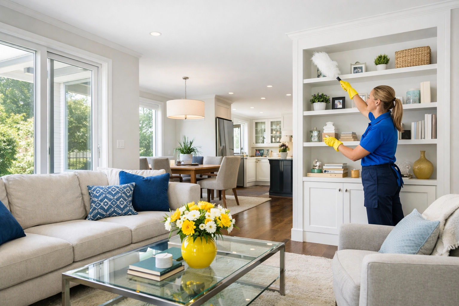 Professional cleaner performing house cleaning Shirley MA in a bright, modern living room.