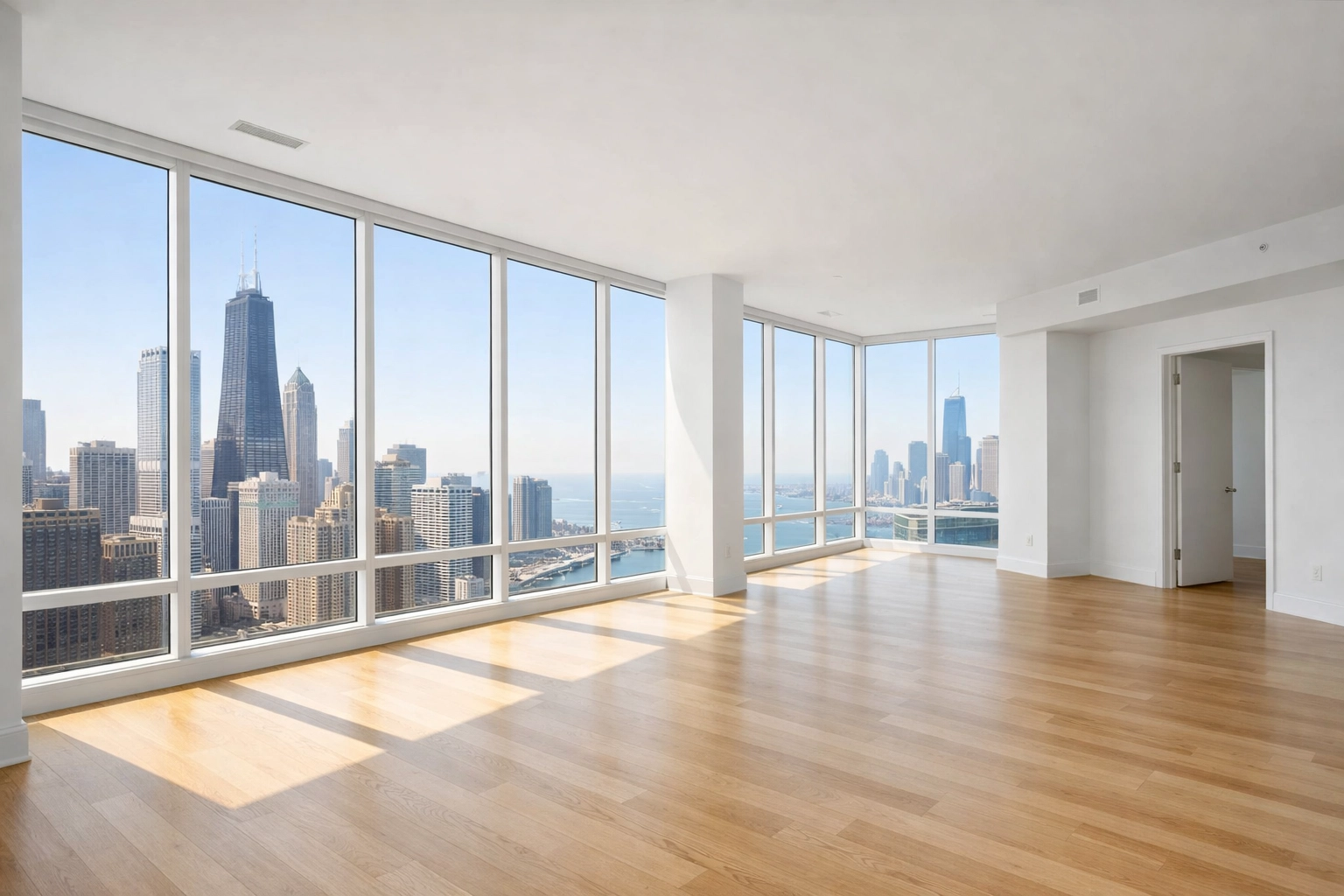Modern empty Chicago apartment with clean hardwood floors ready for a property management unit turn.