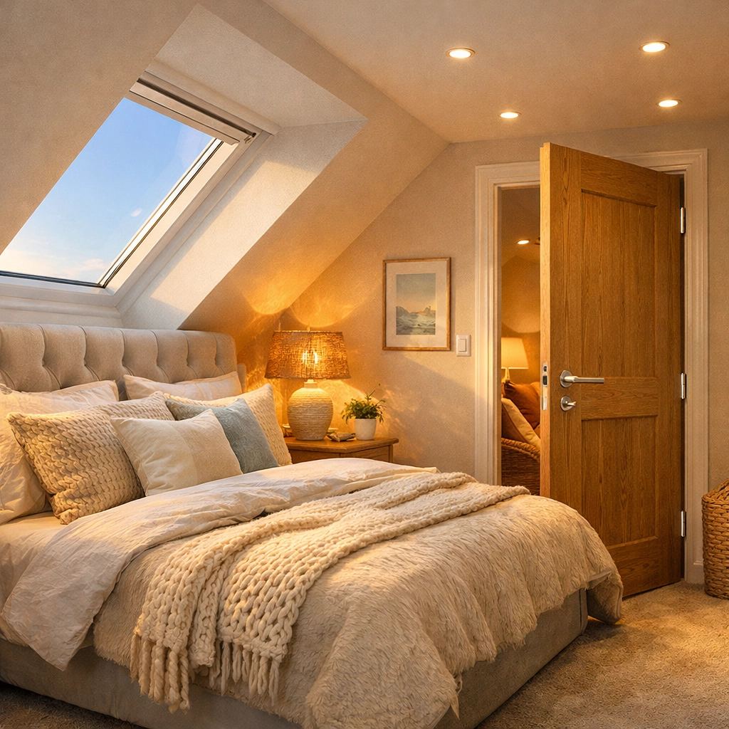 A safe and stylish loft conversion bedroom in Poole featuring a high-quality oak fire door and roof window.