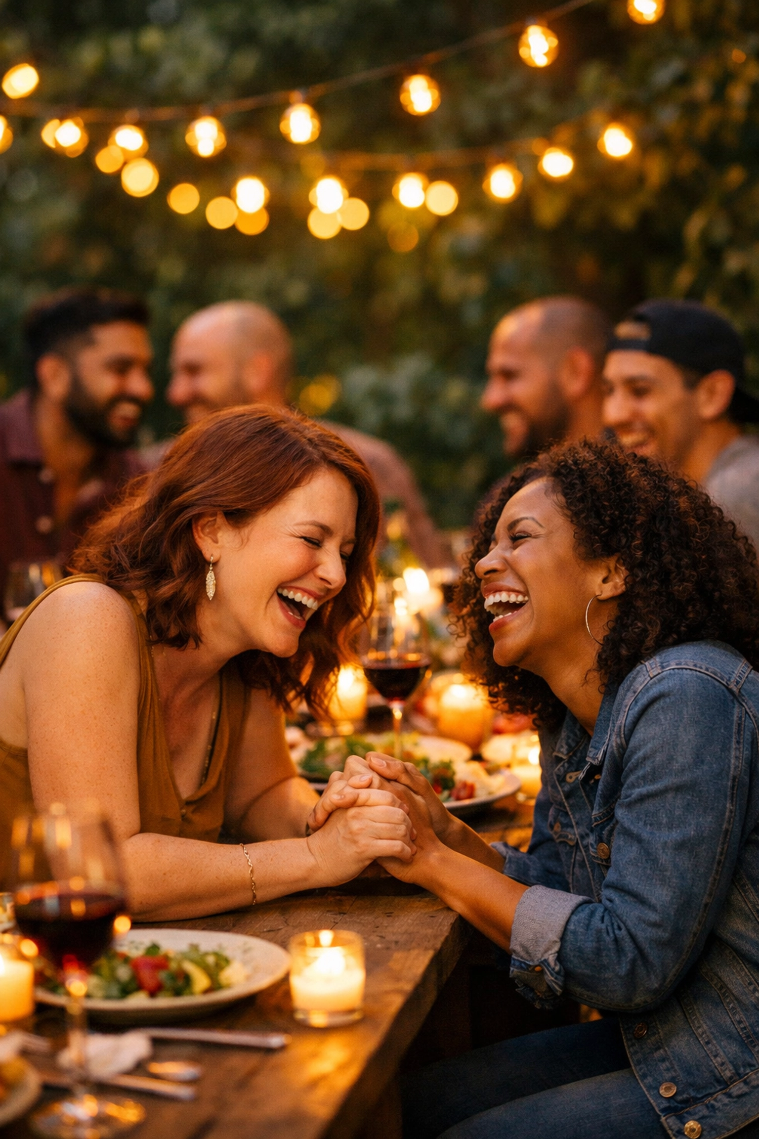 A diverse group of LGBTQ+ friends enjoying a garden dinner, highlighting the power of chosen family.