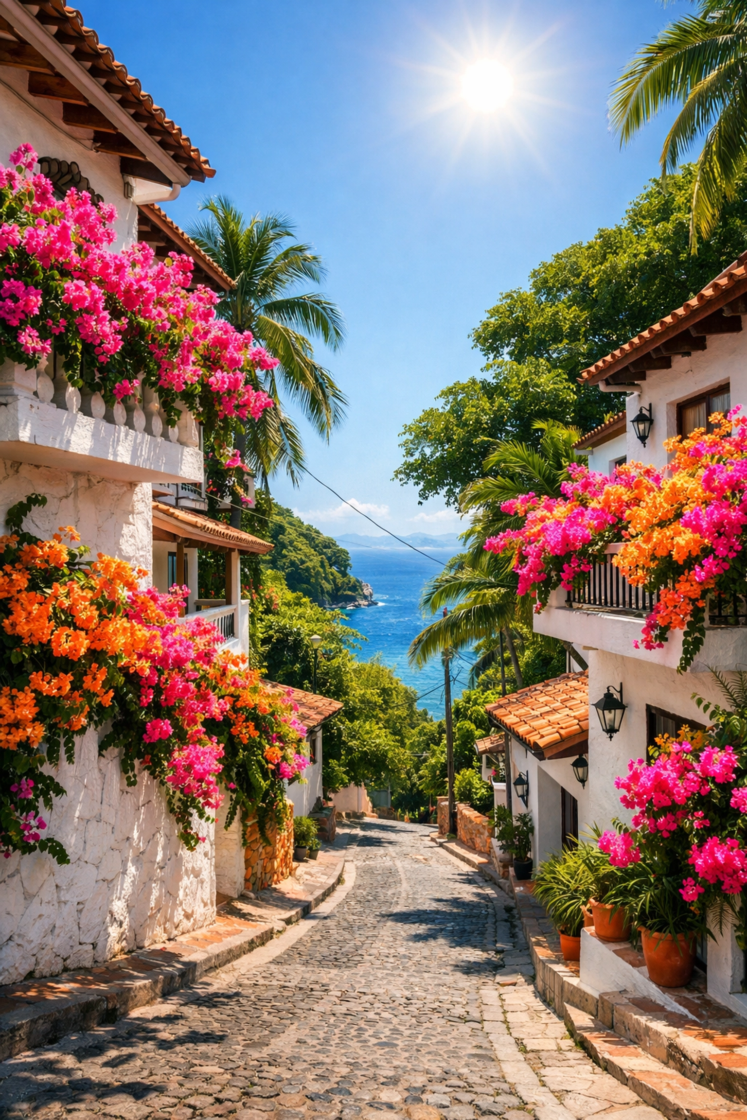 Colorful bougainvillea on a scenic street in the Amapas neighborhood of Puerto Vallarta near local rentals.
