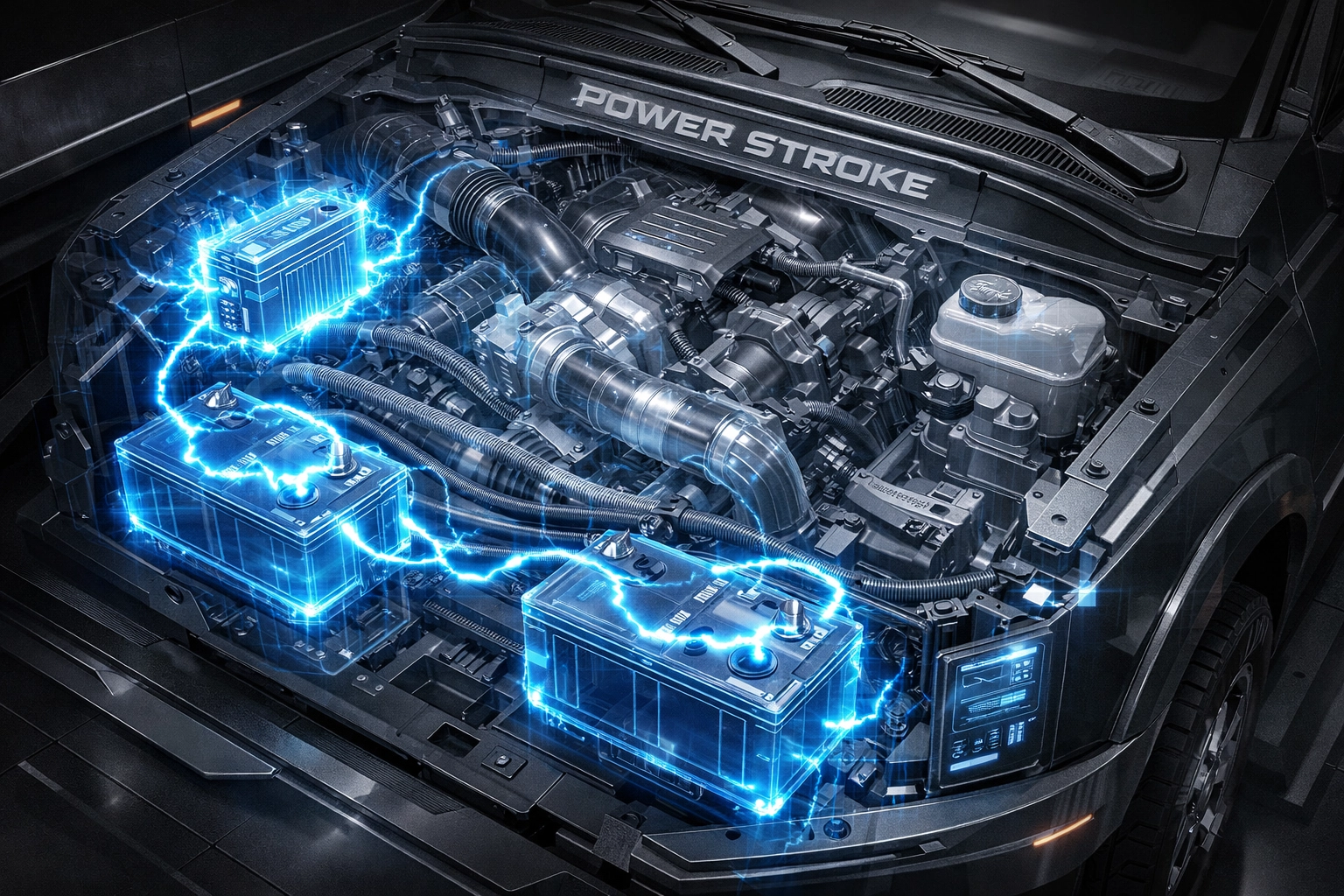 Illustration of the FICM and dual battery system in a Ford Power Stroke diesel engine.