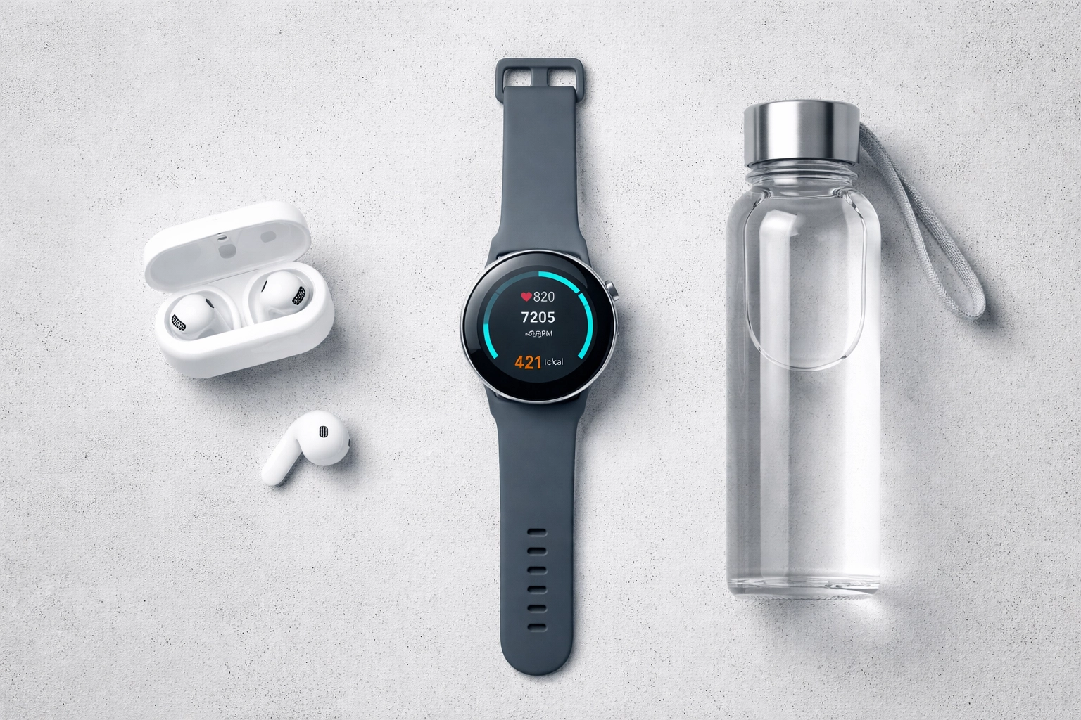 Fitness smartwatch with health stats and earbuds, emphasizing modern technology for tracking VO2 max improvements.