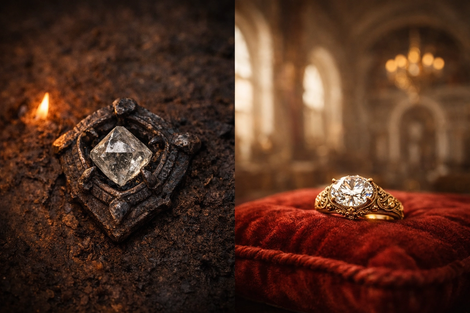 Evolution of diamond jewelry from an ancient warrior talisman to a classic gold and diamond engagement ring.