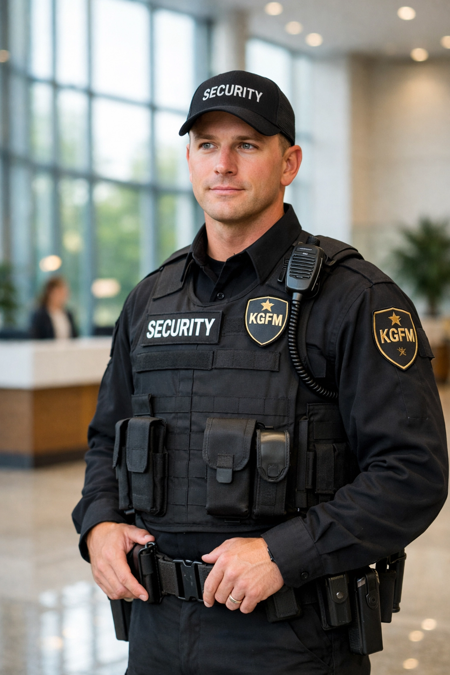 Professional security officer in a corporate atrium representing high-quality security labour provision.
