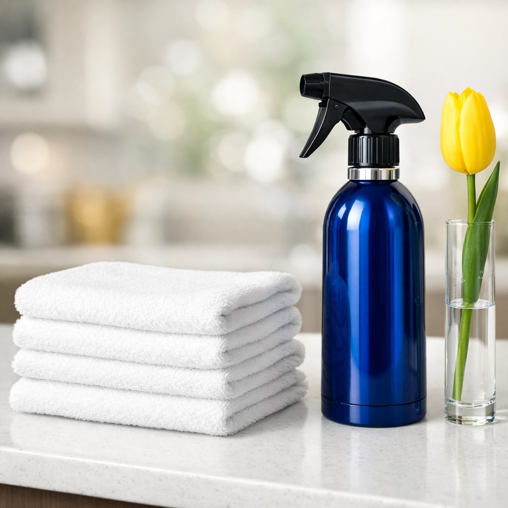 Professional deep cleaning MA supplies including microfiber cloths and eco-friendly spray in a tidy home.