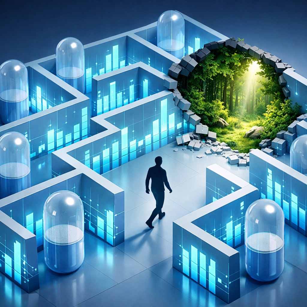 A person in a maze of medical capsules and data charts showing the shift from corporate efficiency to health.