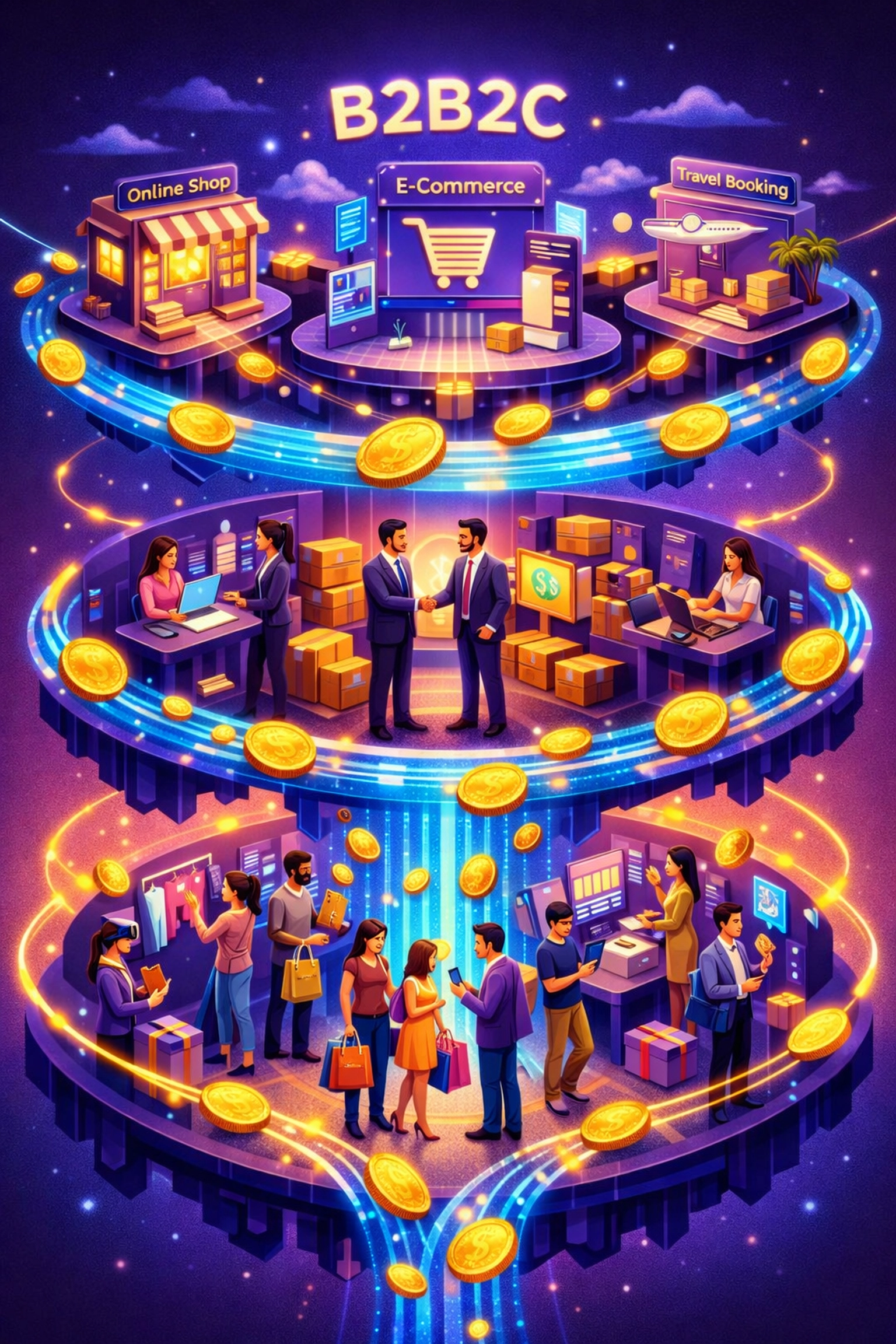 B2B2C metaverse commerce ecosystem showing multiple revenue streams and cryptocurrency flow