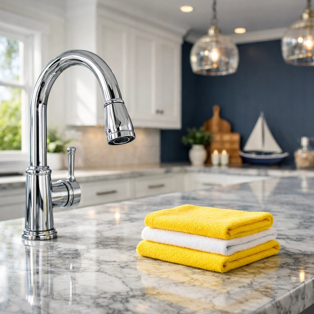 Professional deep cleaning in Marblehead showing a spotless white kitchen with marble surfaces.