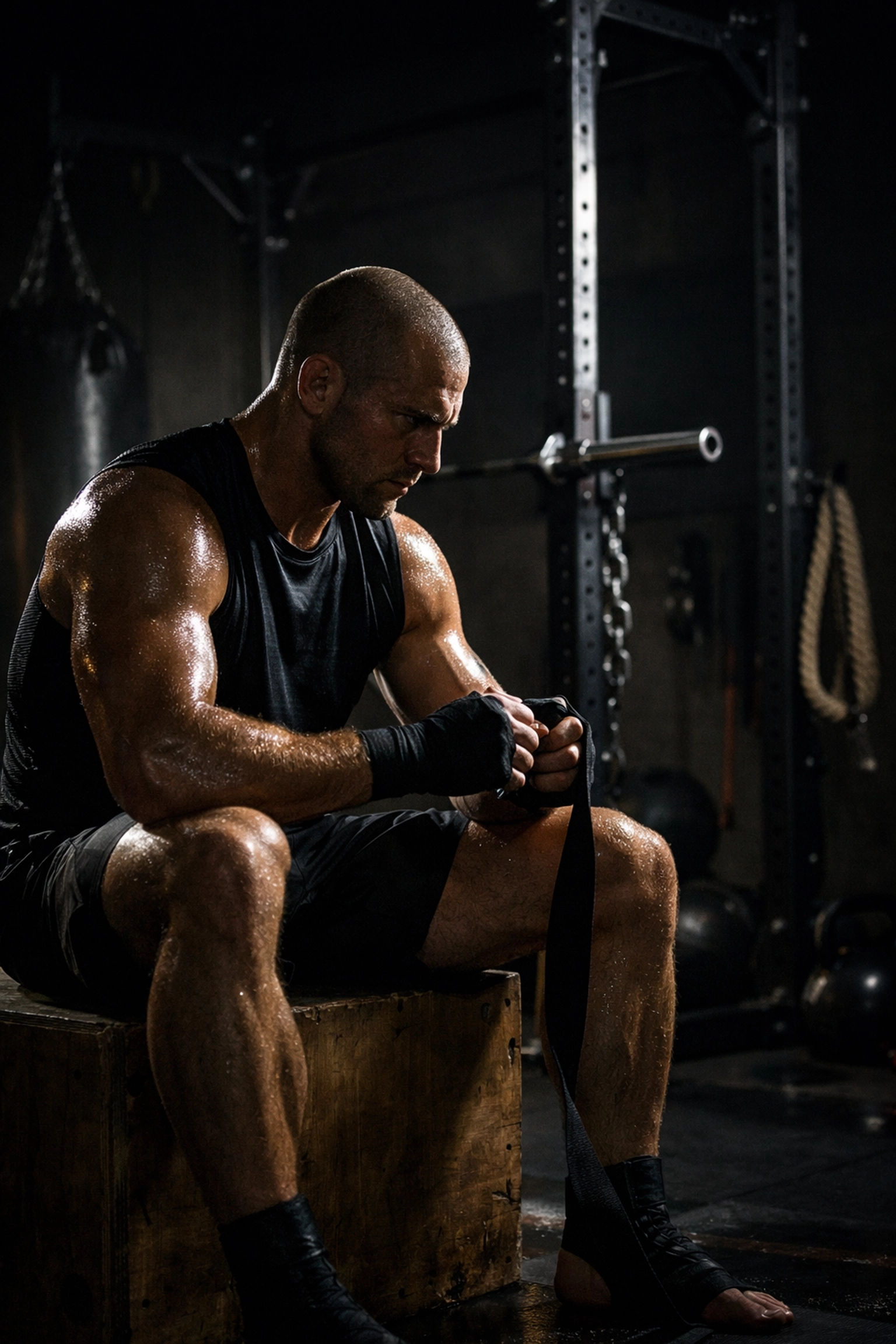 MMA fighter preparing for a workout in a professional no-wall-damage home gym setup.