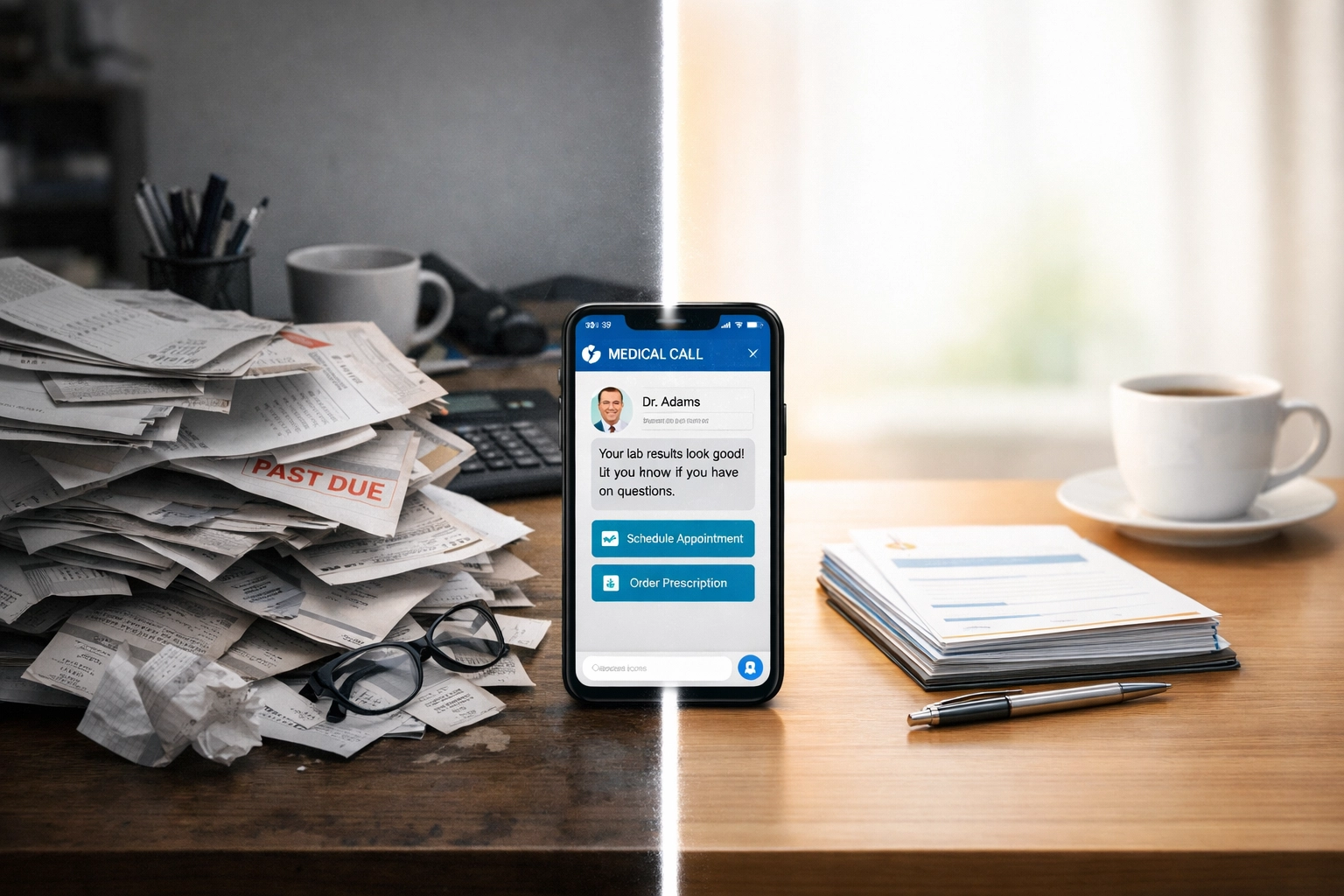Side-by-side comparison of expensive cluttered bills versus simple affordable telehealth consultation