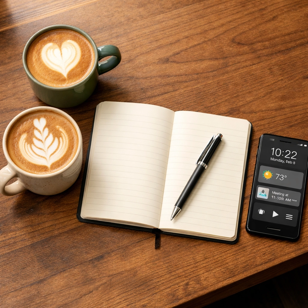 Smartphone and notebook on a coffee table symbolizing the integration of a discipleship app with real-life meetings.