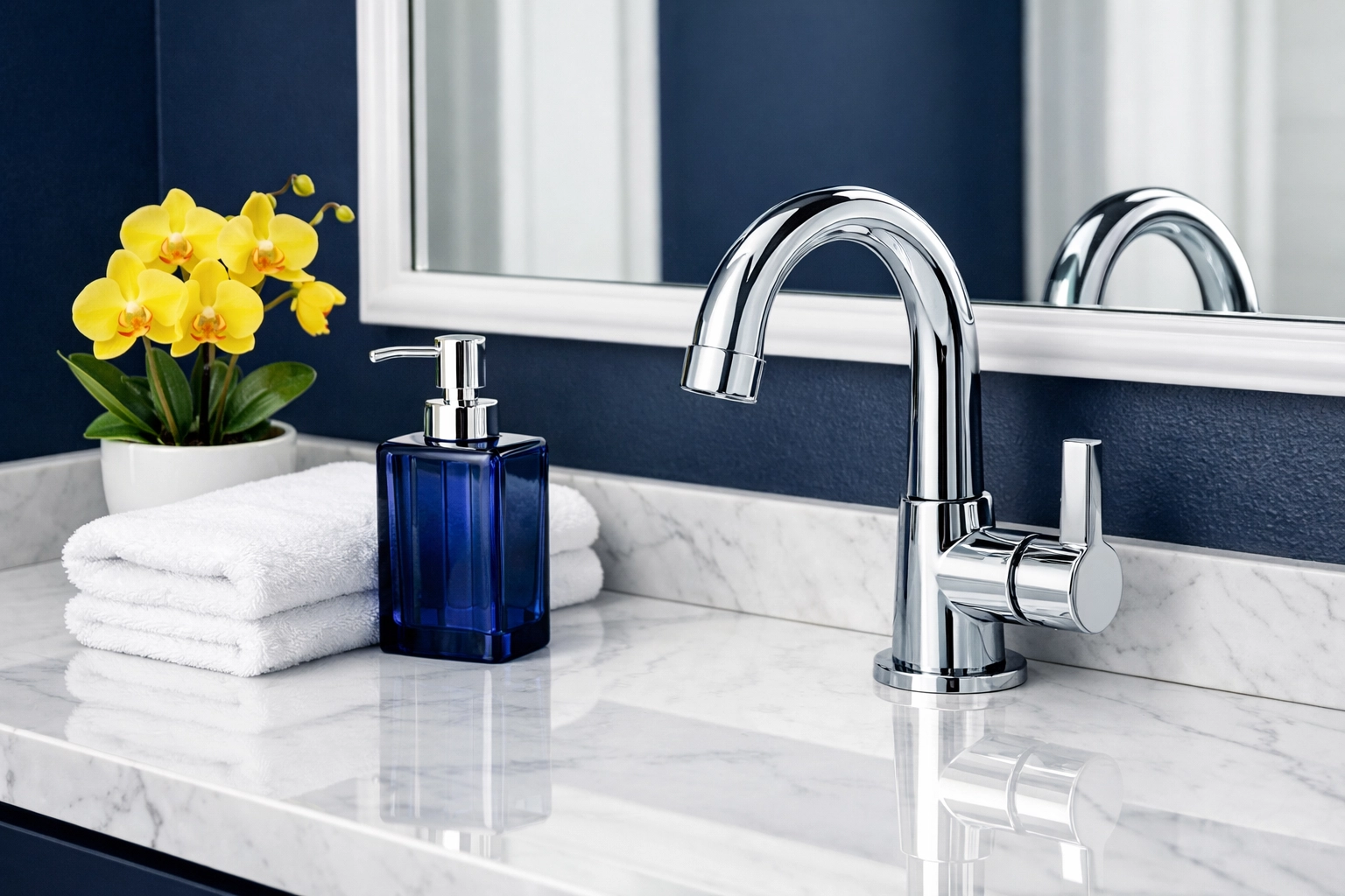 A marble bathroom vanity showing a deep clean standard by professional cleaners in Lowell MA.