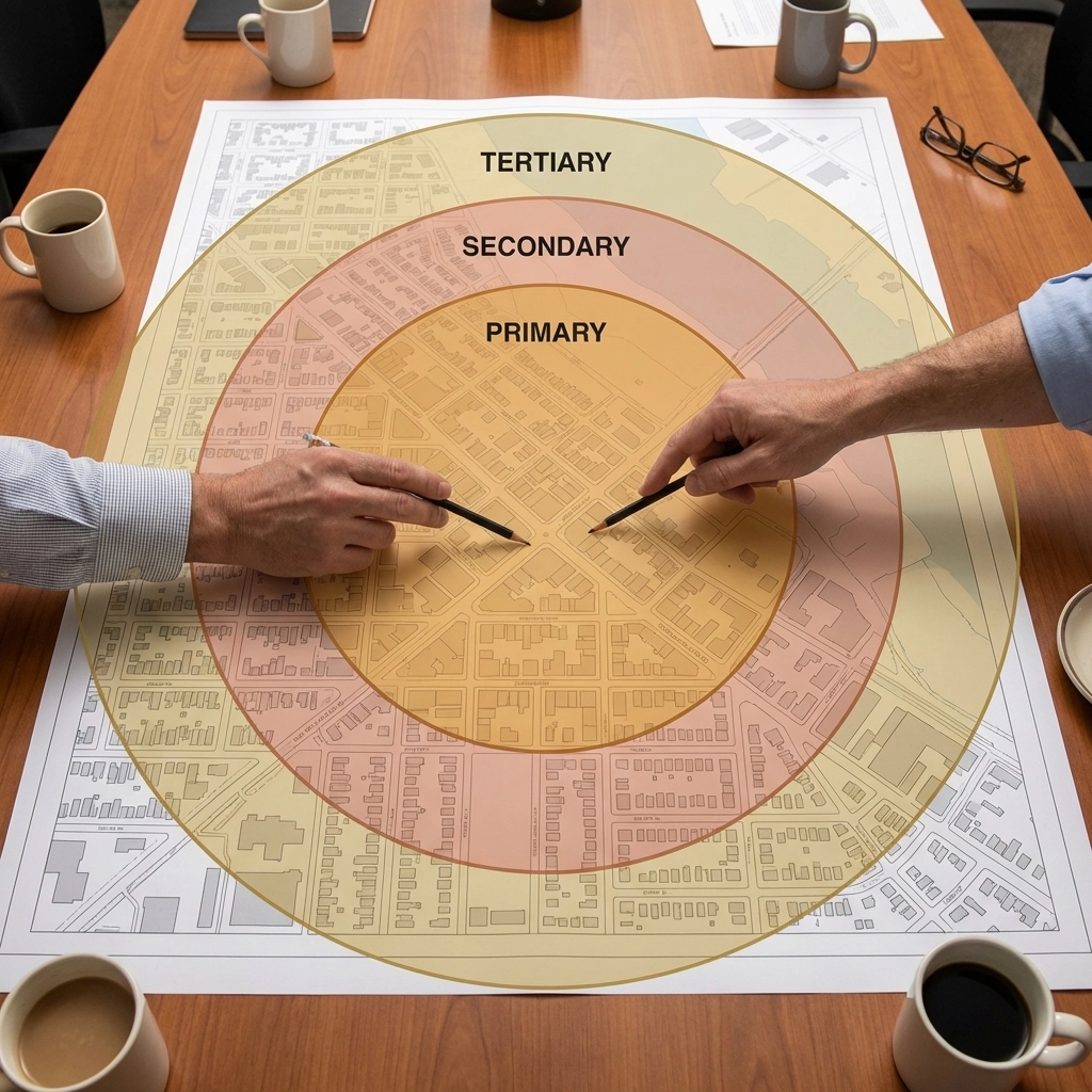 Marked city map on conference table showing primary, secondary, and tertiary restaurant trade areas for location analysis