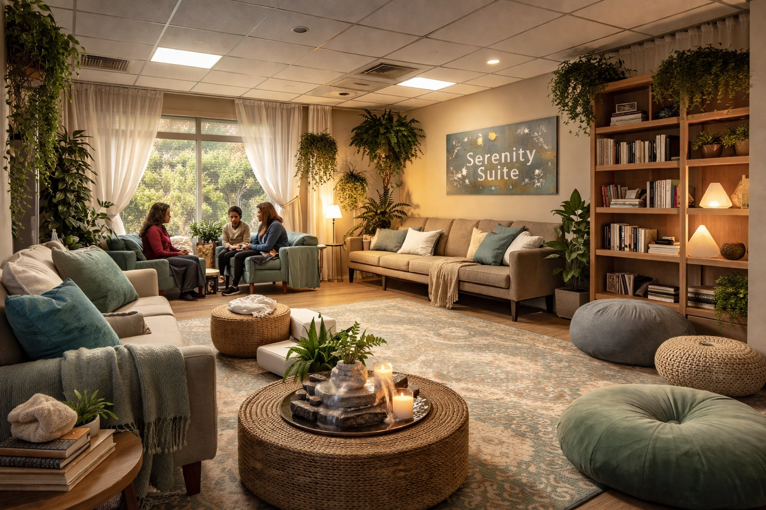 Spacious school Serenity Suite with cozy seating, plants, and students conversing, showcasing behavioral incident reduction.