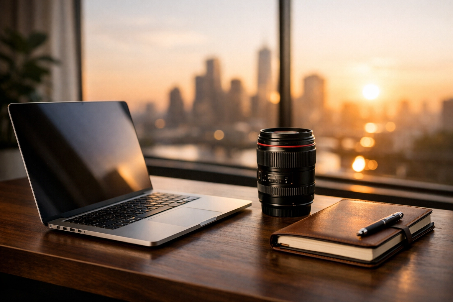 A modern, minimalist workspace of a successful content creator showing a laptop, camera, and city view.
