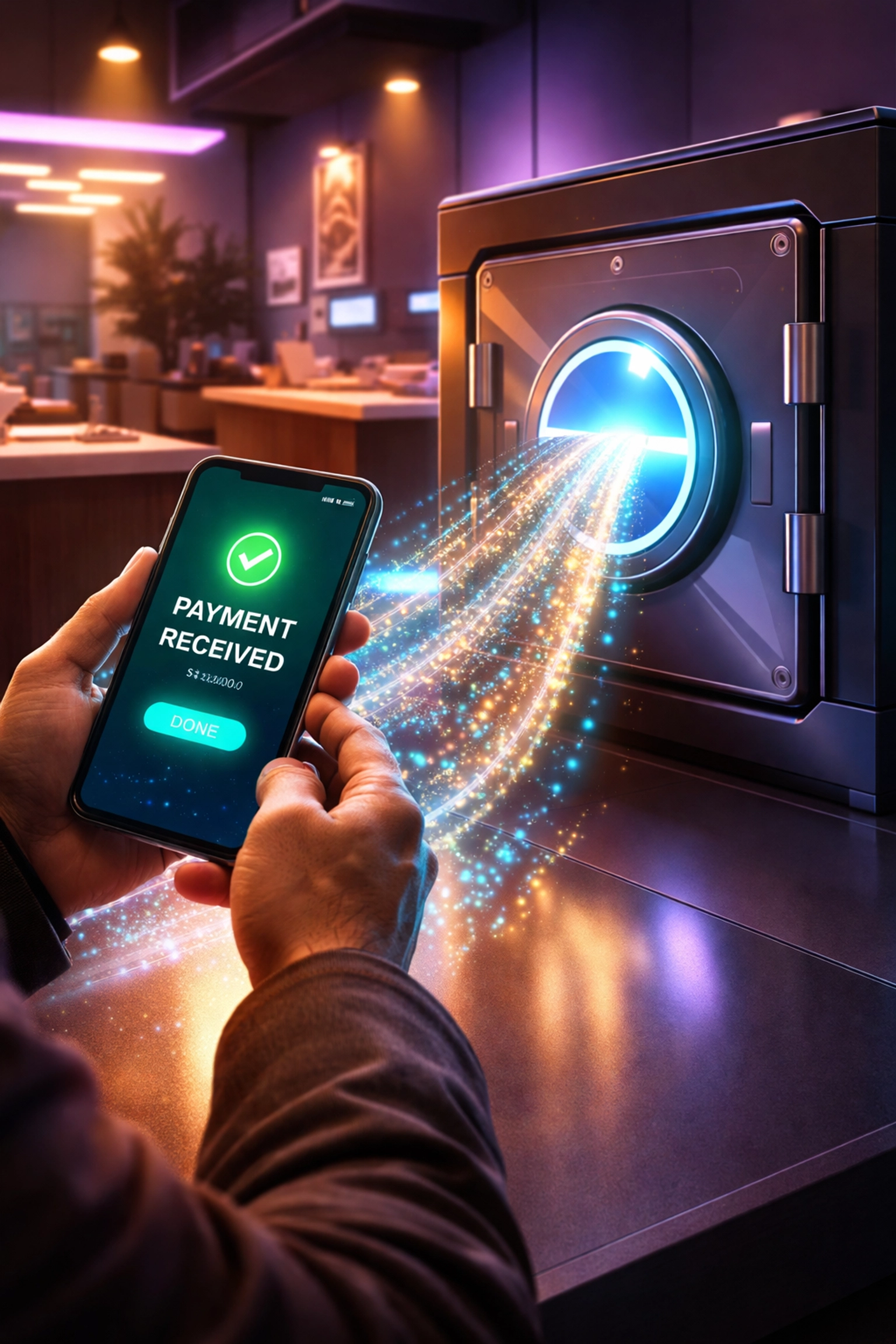 Merchant reviews instant crypto payment on smartphone, data flows securely, showcasing fast settlement and financial sovereignty with Larecoin.