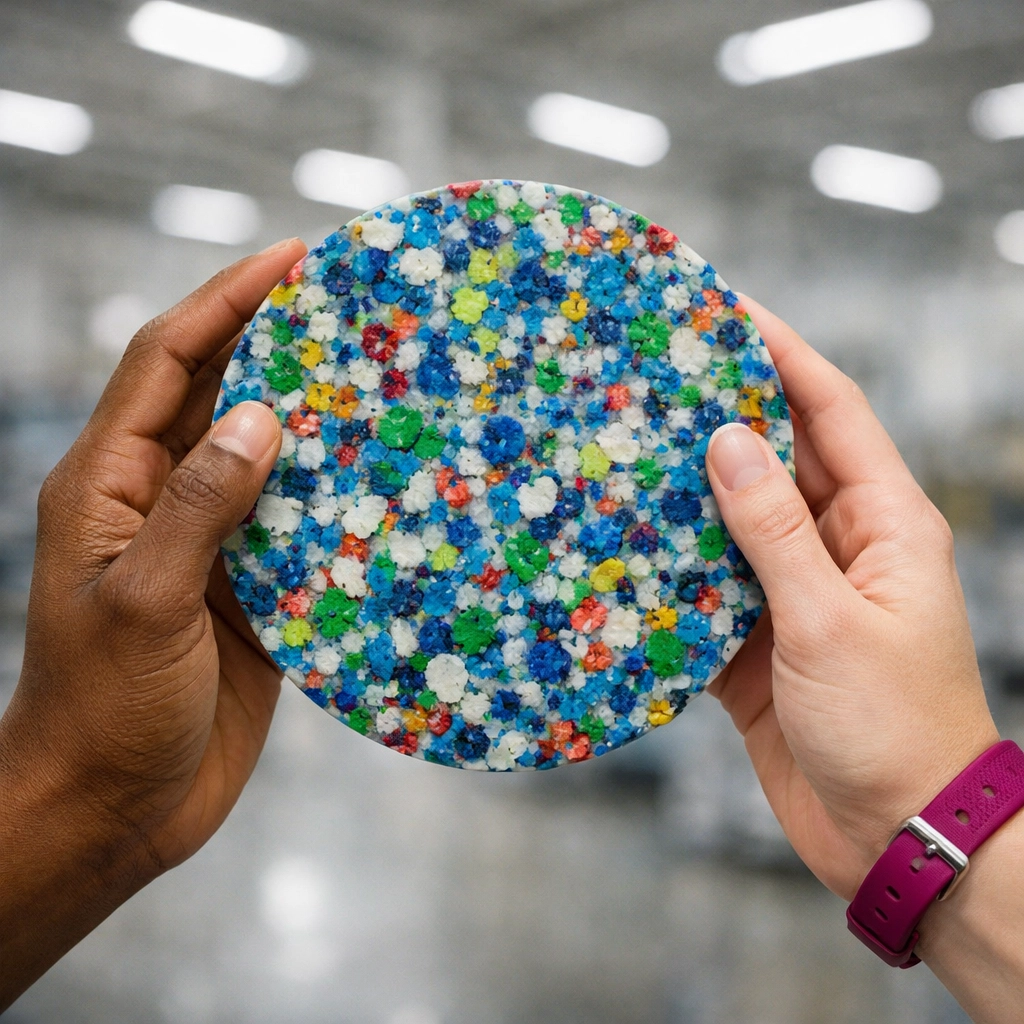 Hands holding a circular recycled plastic disc representing a closed-loop supply chain and circular economy partnership.