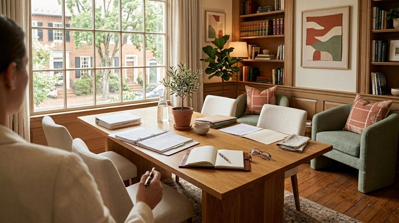 Sophisticated family law consultation space with legal documents in a Fredericksburg office, styled in terracotta, sage, and cream.