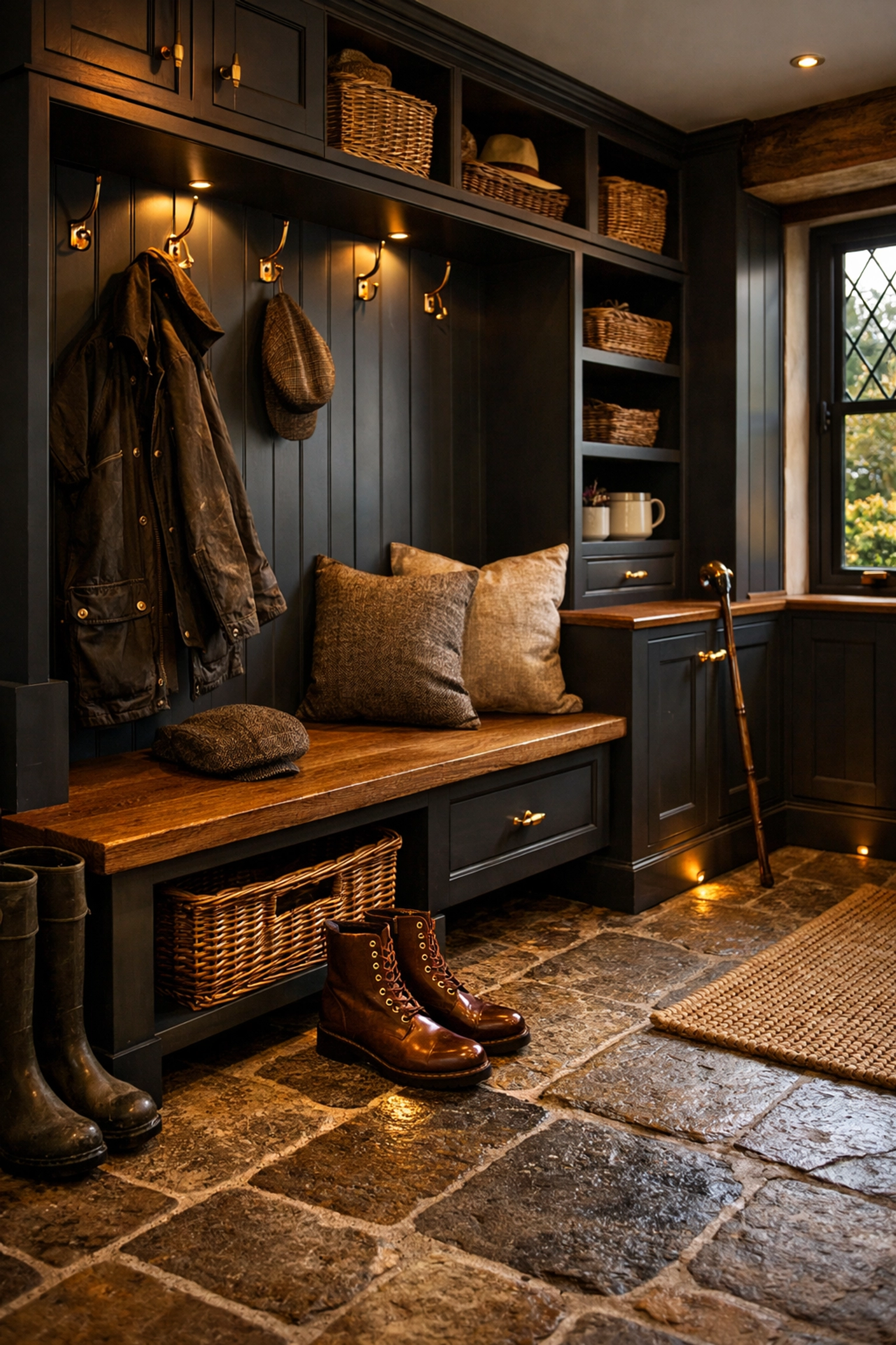 Luxury bespoke mudroom with oak seating and stone flooring for a West Sussex home renovation.