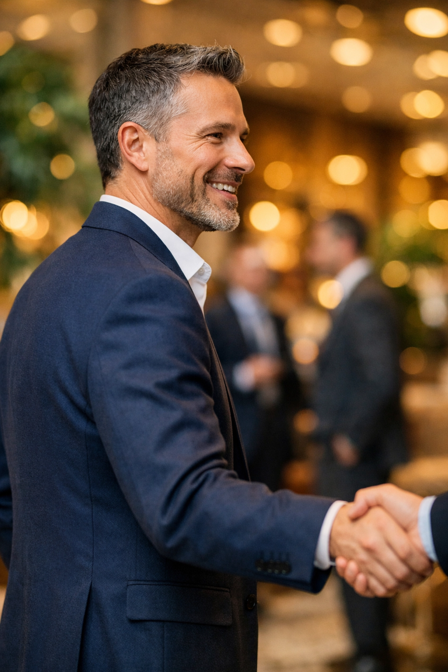 Professional executives shaking hands in a luxury hotel lobby to secure high-value brand partnerships.