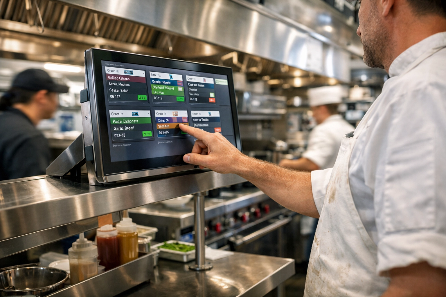 Chef using a digital kitchen display system to streamline operations and ensure resilience.