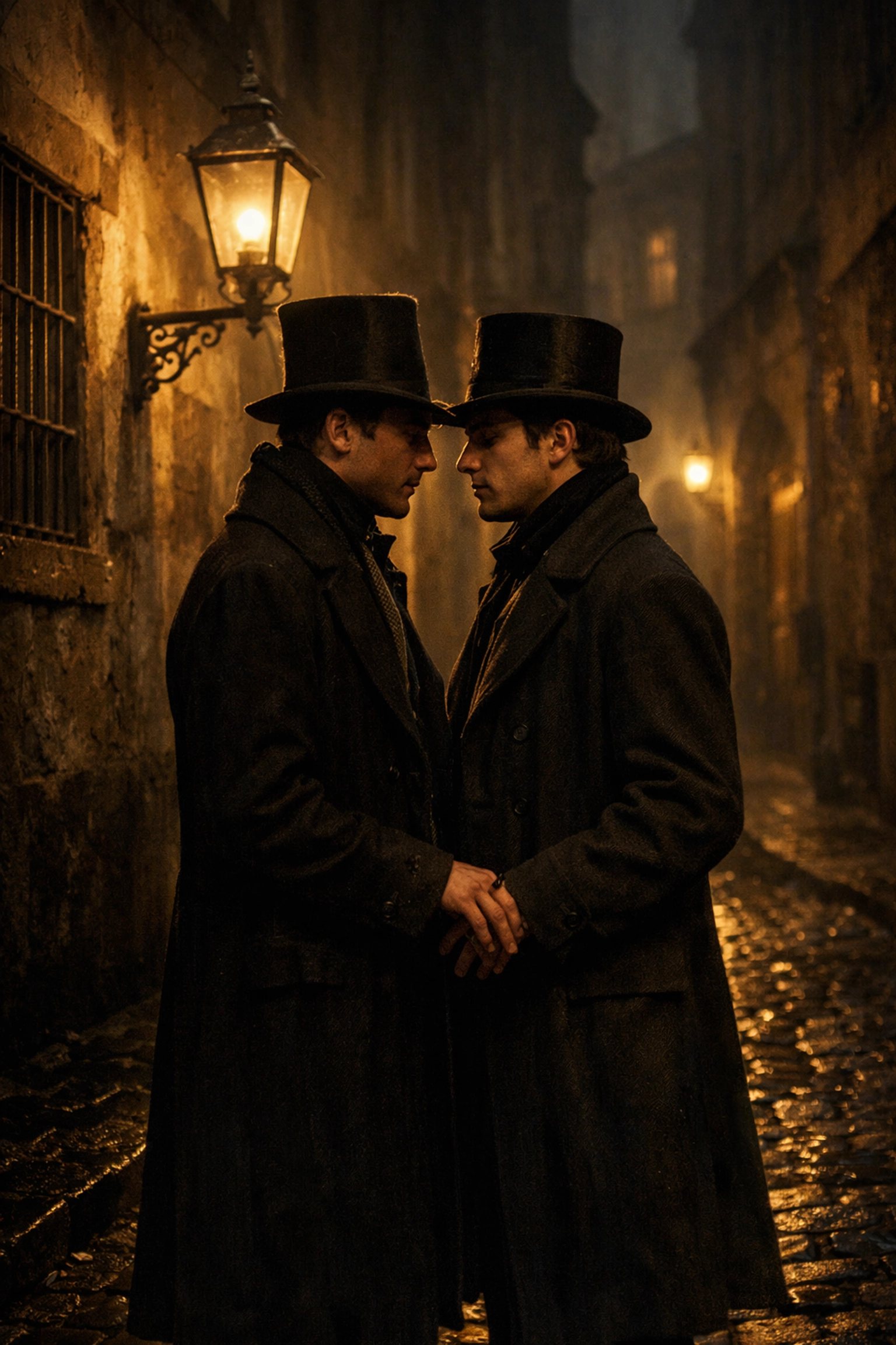Two men in 19th-century attire sharing a secret moment in a dark Viennese alley, an MM historical romance scene.