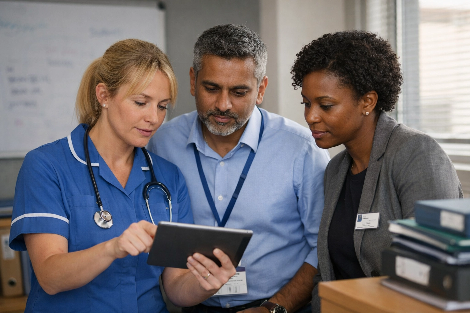 NHS respiratory leadership team discussing a respiratory pathway and clinical diagnostic data in a hospital.