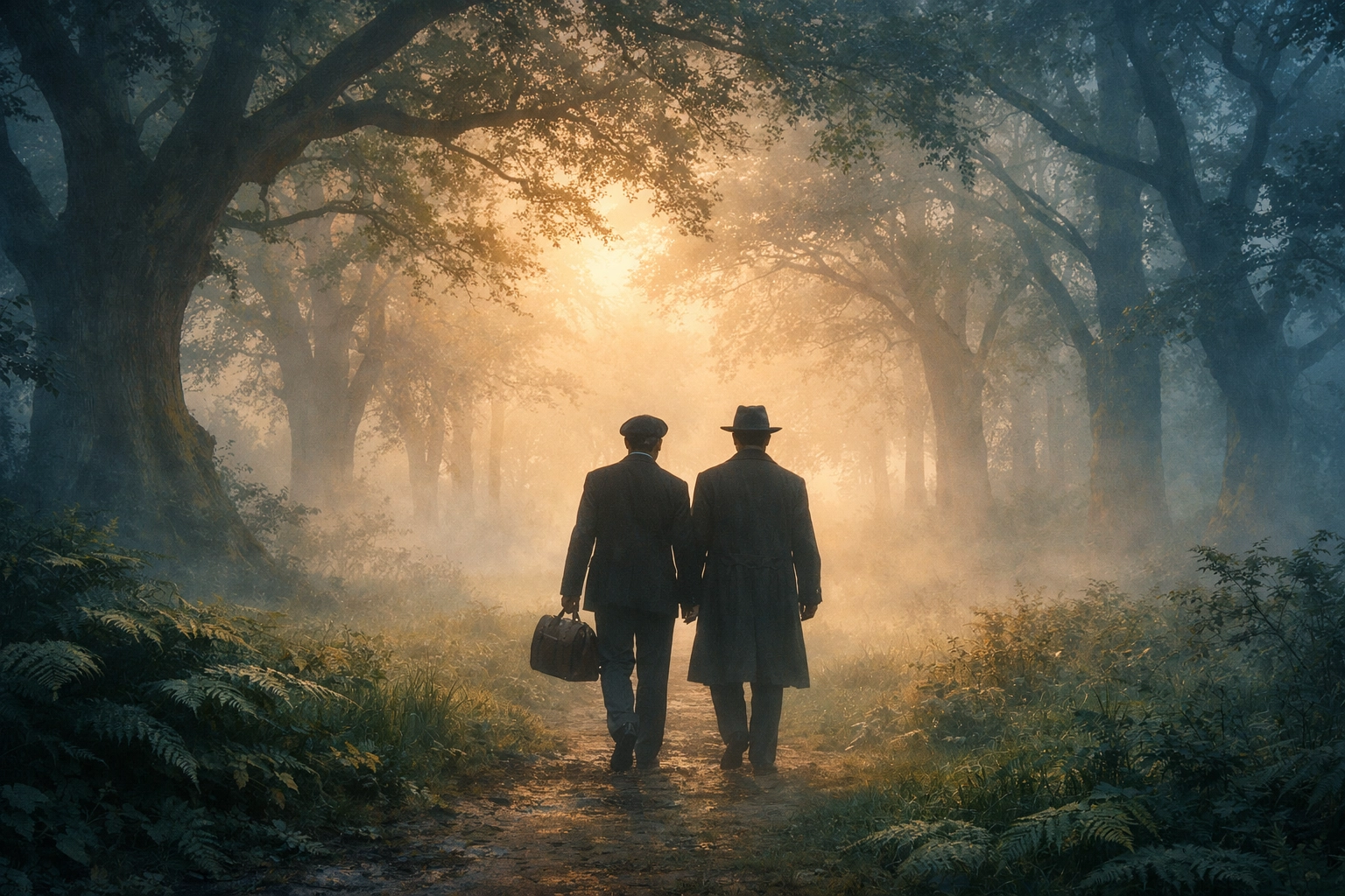 Maurice and Alec walking into woods together, hopeful ending for gay romance in 1910s England