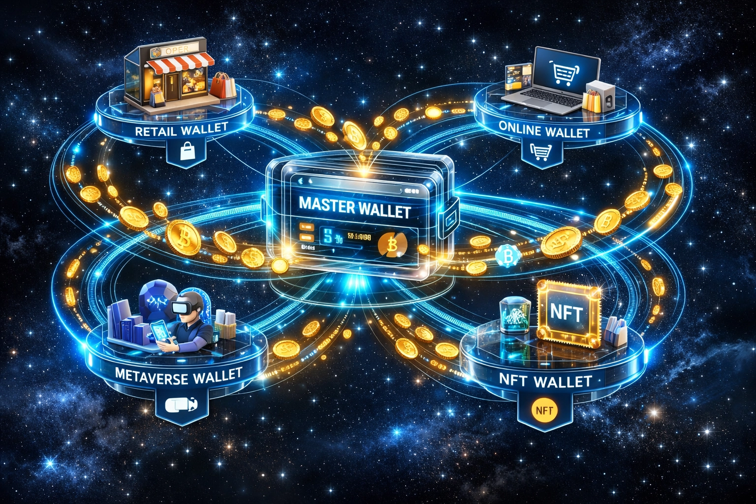 Master wallet architecture with sub-wallets for multi-channel crypto payment management