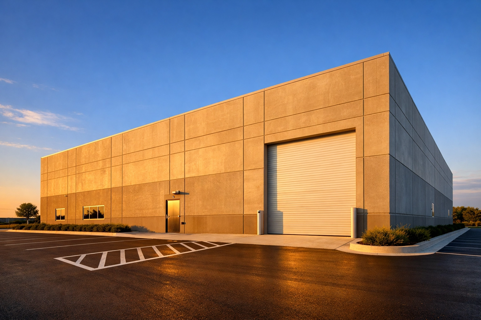 Modern industrial flex building in North Texas with concrete construction and roll-up door