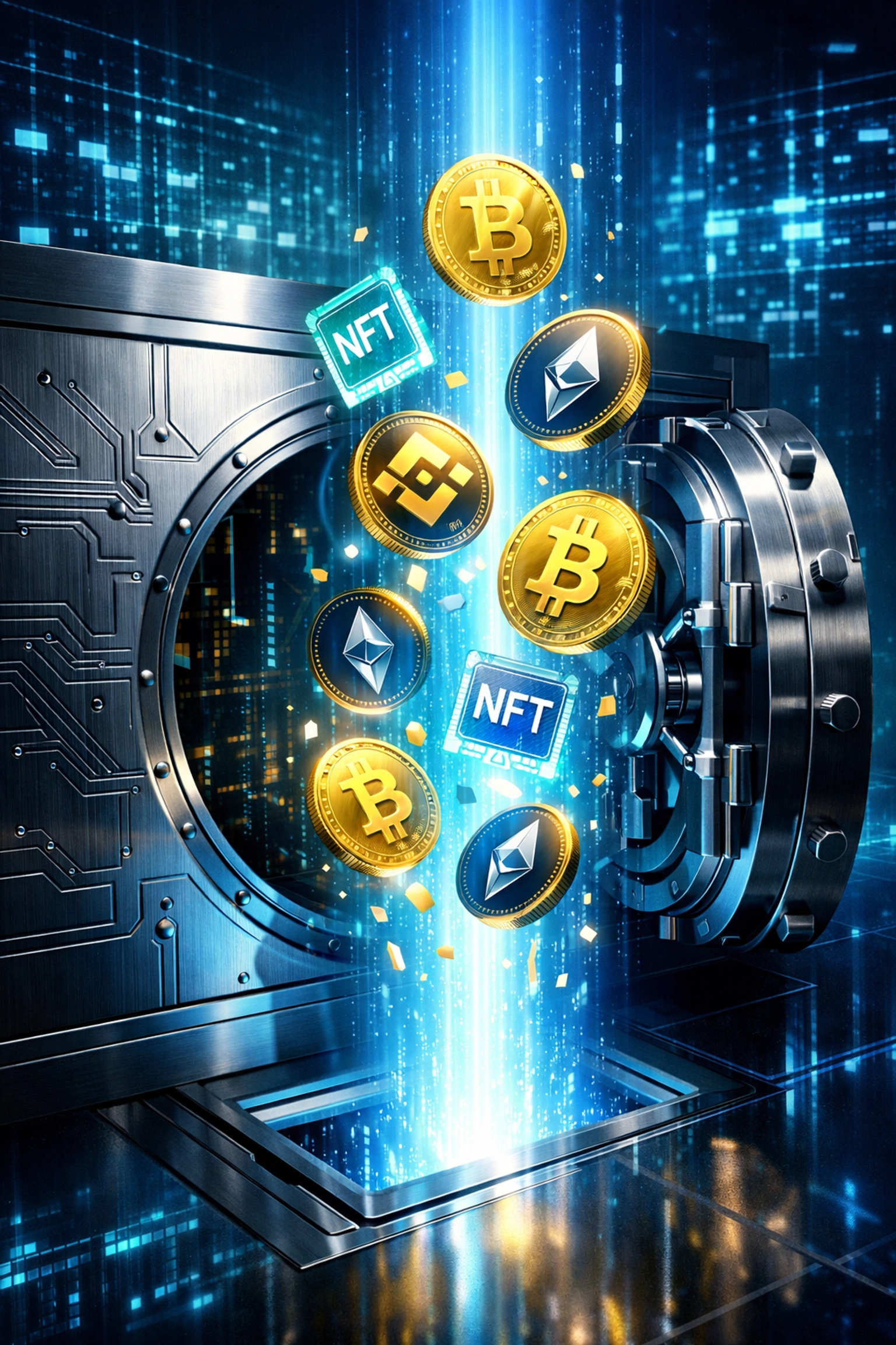 Digital vault with cryptocurrency and NFT tokens representing self-custody merchant security