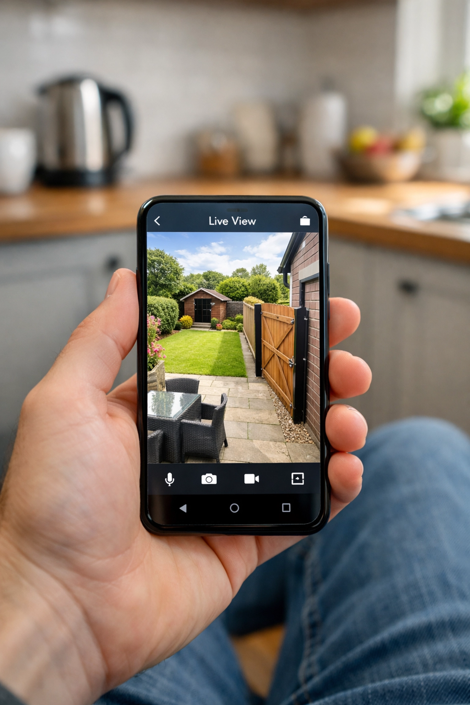 Homeowner using a smartphone app to view a live HD security feed from a Swindon IP camera system.