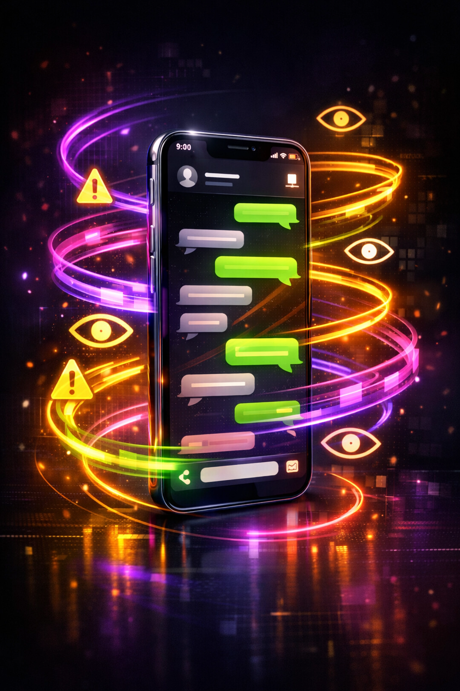 Smartphone with workplace messages surrounded by surveillance symbols and monitoring alerts