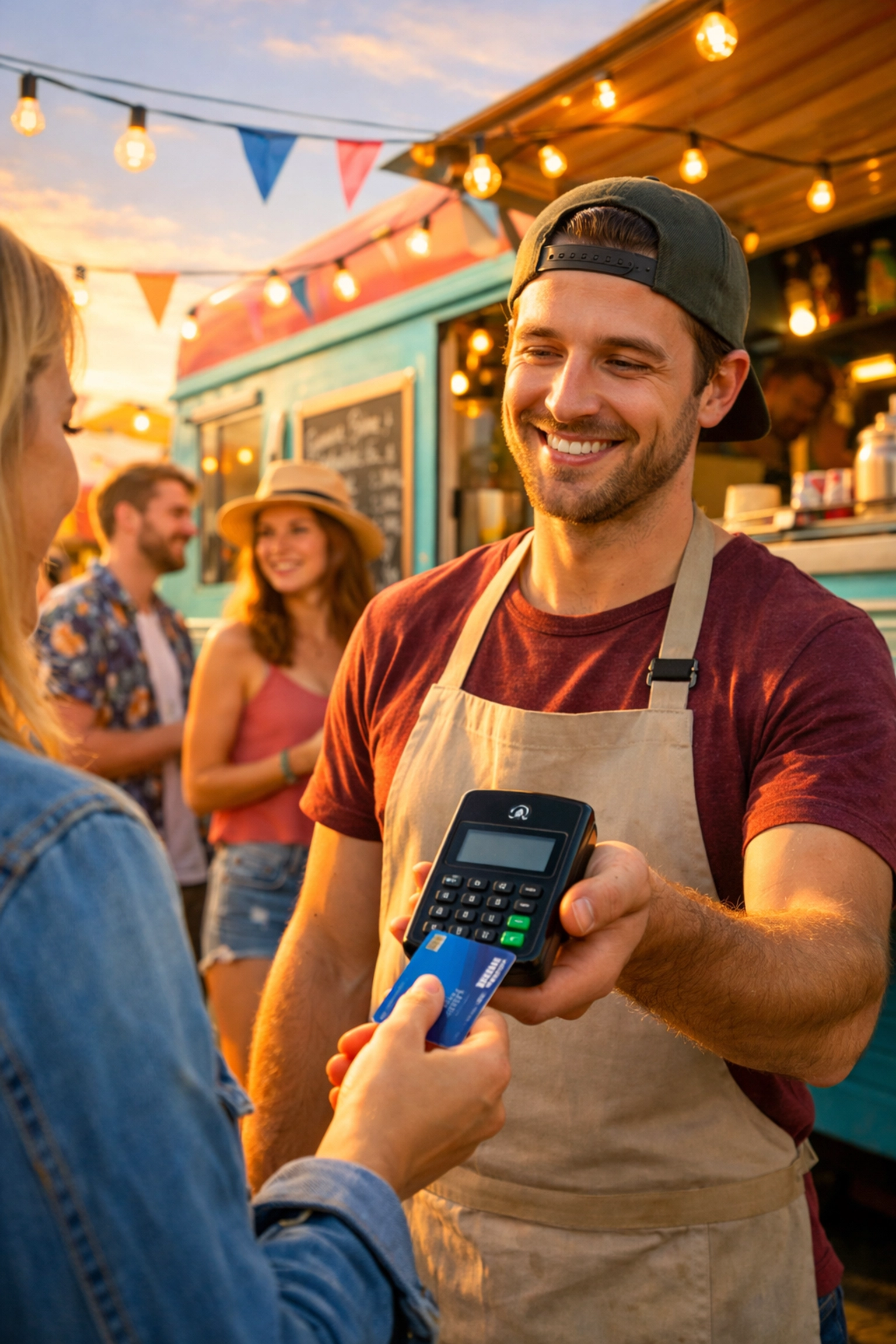 Food truck vendor processing mobile payment with SumUp card reader